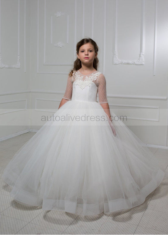 Dotted Tulle Lace Keyhole Back Ivory Flower Girl Dress Dotted Tulle Lace Keyhole Back Ivory Flower Girl Dress